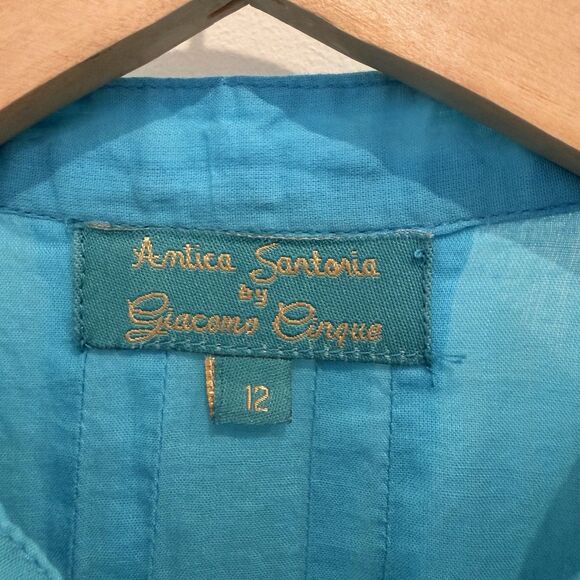 Antica Sartoria By Giacomo Cinque Blouse Size 12 Blue Lace Pom Poms Ruffle Swing - Picture 5 of 14